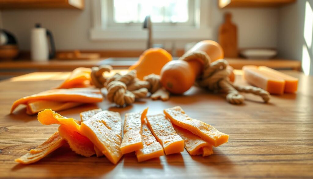 A wooden kitchen counter with natural light streaming in from a nearby window, showcasing an assortment of homemade dog treats. In the foreground, thick slices of chicken and pumpkin jerky strips are arranged neatly, their warm tones and subtle textures inviting. In the middle ground, a few rope toys and a frozen treat made with sweet potato sit alongside the jerky, adding visual interest and hints of the dog's playful nature. The background features a simple, clean backdrop, allowing the treats to be the focal point. The overall scene exudes a sense of homemade, wholesome goodness, perfect for an article on easy DIY dog chews.