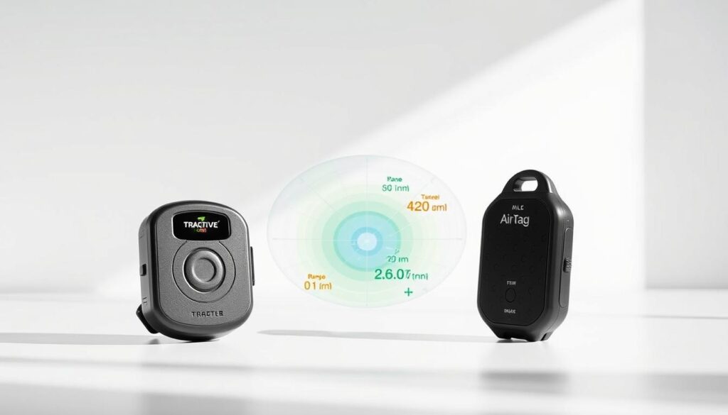 A detailed comparison of pet tracking technology, showcasing the Tractive DOG 6 and AirTag devices. In the foreground, the two trackers are displayed side-by-side, highlighting their distinctive designs. The middle ground features a network coverage map, visually demonstrating the range and connectivity capabilities of each device. The background is a clean, minimalist environment, allowing the products and data to take center stage. Bright, natural lighting illuminates the scene, creating a crisp, professional atmosphere. The overall composition emphasizes the technical specifications and performance differences between the Tractive DOG 6 and AirTag, inviting the viewer to make an informed decision.