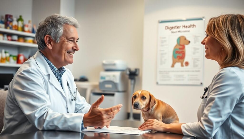 A friendly, middle-aged veterinarian in a white coat is sitting at a desk, consulting with a woman about her dog's digestive health. The vet is gesturing towards a chart on the wall depicting the dog's gut microbiome. The woman is listening intently, her expression one of concern and interest. The office is well-lit with soft, warm lighting, creating a calming atmosphere. The background features medical equipment and shelves of pet supplies, suggesting a professional, trustworthy setting. Shallow depth of field keeps the focus on the vet and the woman, emphasizing their interaction.