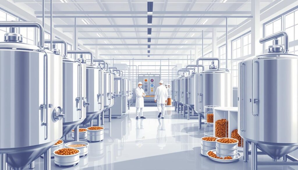 A high-resolution, detailed illustration of a modern plant-based dog food manufacturing facility. In the foreground, several rows of sleek, stainless steel mixing tanks and packaging machinery. In the middle ground, a team of white-coated employees carefully inspecting and monitoring the production process. The background features an airy, well-lit production floor with floor-to-ceiling windows, allowing natural light to flood the space. The atmosphere is one of precision, cleanliness, and a commitment to quality. The overall mood is one of transparency and professionalism, capturing the essence of a responsible, forward-thinking plant-based pet food manufacturer.