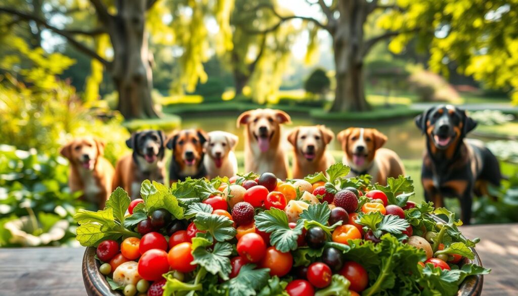 A lush, verdant scene showcasing a variety of plant-based dog food ingredients. In the foreground, a bowl overflows with a colorful mix of leafy greens, fresh vegetables, and vibrant berries, all artfully arranged. The middle ground features several dogs of different breeds, happily enjoying their plant-based meal, their coats shining with health. The background depicts a serene, sunlit garden, with towering trees and a tranquil pond, creating a calming, naturalistic setting. The lighting is soft and diffused, casting a warm, inviting glow over the entire scene. Captured with a wide-angle lens, the image conveys a sense of abundance, balance, and the potential for dogs to thrive on a carefully crafted plant-based diet.