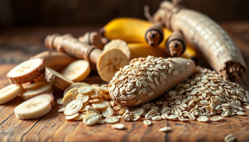 A vibrant close-up photograph of various dog-safe prebiotic ingredients, including sliced bananas, chicory root, and whole oats, arranged on a rustic wooden table. The lighting is warm and natural, casting a soft glow on the scene. The focus is sharp, highlighting the intricate textures and colors of the prebiotics. The background is slightly blurred, drawing the viewer's attention to the centerpiece of the image. The overall mood is educational and inviting, capturing the essence of prebiotics as a key component of a healthy canine digestive system.