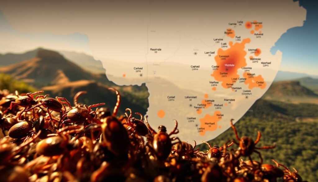 A detailed map of South Africa's regional tick hotspots, captured with a wide-angle lens. The foreground depicts various tick species in vivid detail, their bodies glistening under warm, natural lighting. The middle ground showcases the diverse landscapes of the country, from rolling hills to dense forests, each known for harboring high tick populations. In the background, a faded heat map highlights the areas with the most reported tick-borne illnesses, providing crucial context for pet owners and outdoor enthusiasts. The overall mood is one of informative urgency, encouraging vigilance and year-round tick control measures to protect both people and their animal companions.