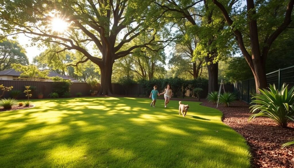 A lush, verdant backyard scene with a well-manicured lawn free of ticks. Sunlight filters through the canopy of tall, healthy trees, casting a warm, natural glow. In the foreground, a family plays with their pet, a playful dog, free from the threat of tick-borne illnesses. Surrounding the yard, a sturdy fence and strategically placed plants create a barrier to keep these pests at bay. The soil is rich and dense, discouraging tick habitats. This idyllic scene represents a South African home environment optimized for year-round tick control, a sanctuary where families and pets can safely enjoy the outdoors.