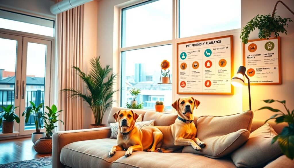 An airy and inviting living room with large windows, filled with natural light. A friendly dog lounges on a plush couch, surrounded by cozy décor and plants. In the background, a bulletin board displays rental listings with pet-friendly icons, highlighting the accessibility and amenities for animal companions. The overall atmosphere conveys a sense of comfort, warmth, and the seamless integration of pets into the home environment. Warm lighting, a soft color palette, and a welcoming ambiance create an appealing representation of pet-friendly housing in South Africa.